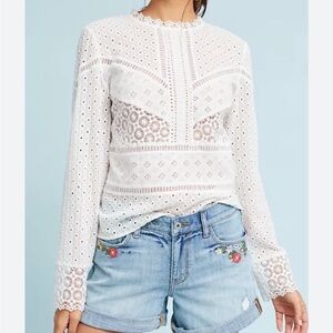 🌼 Anthropologie James Coviello White Eyelet Lace long sleeve Peasant Blouse XL